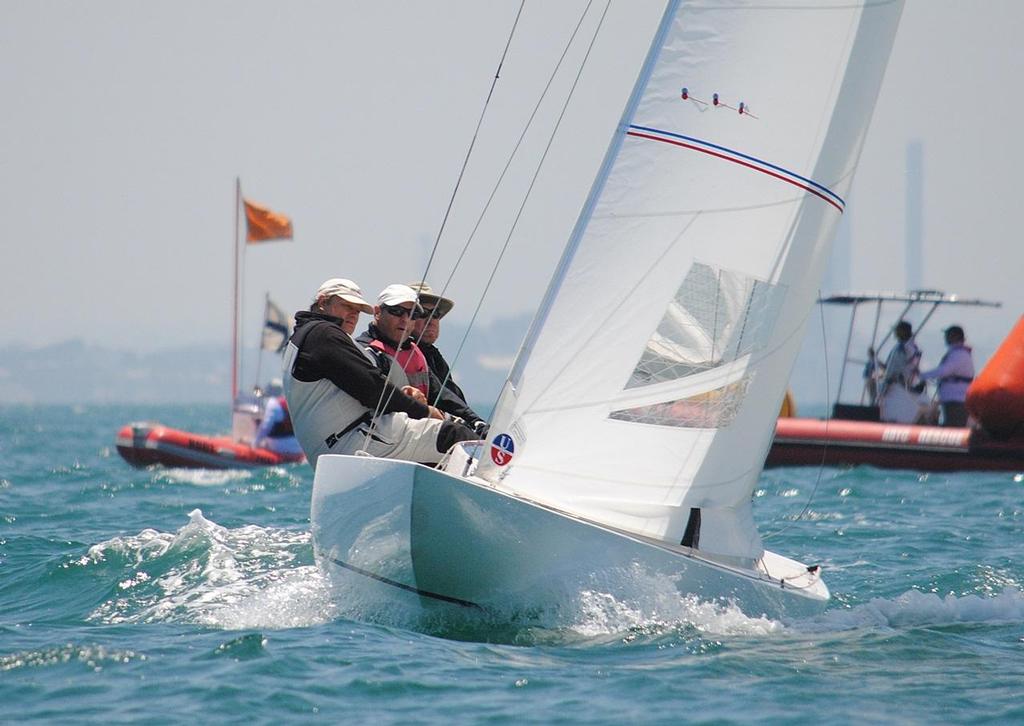 The experienced crew of “Whimsical” (Ingate, Sheridan and Giles) have taken the lead on day two - Prince Philip Cup - the 2015 Australasian Championship. &copy; David Staley / RBYC